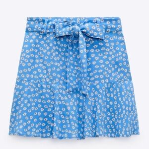 ZARA Blue Daisy Print Skort NWT Size Large Tie Waist Mini Skirt Shorts